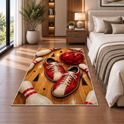 Bowling Shoes Rug in a bedroom beside the bed
