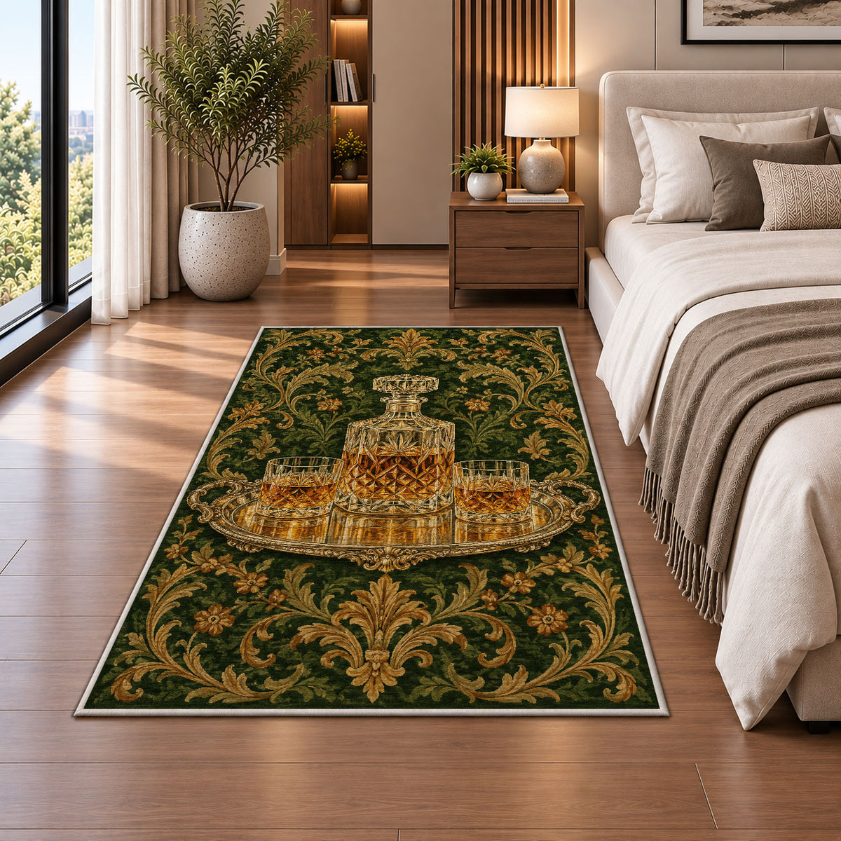 Crystal Decanter Rug in a bedroom beside the bed