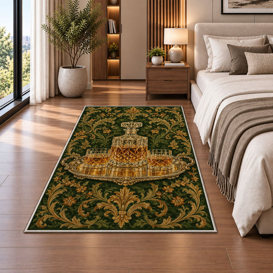 Crystal Decanter Rug in a bedroom beside the bed