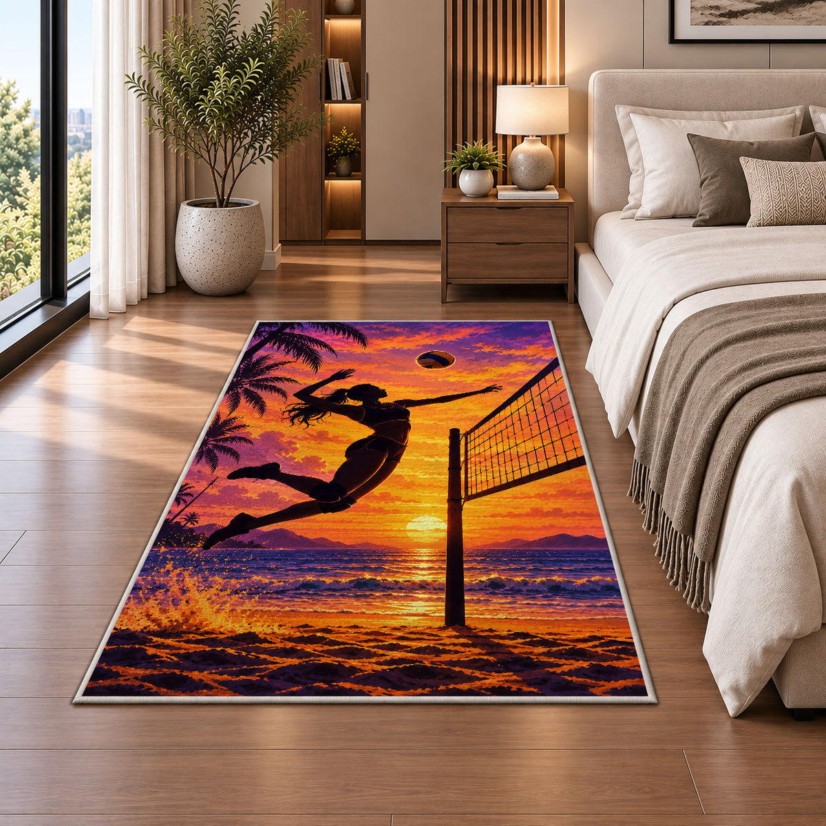 Volleyball Spike Silhouette Rug in a bedroom beside the bed