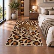Leopard on Leopard Print Rug in a bedroom beside the bed