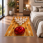 Bowling Pins Triangle Rug in a bedroom beside the bed