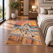 White Horse on Beach Rug in a bedroom beside the bed