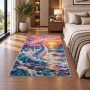 Mermaid Tail at Sunset Rug in a bedroom beside the bed