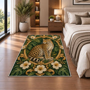 Vintage Leopard Oval Frame Rug in a bedroom beside the bed