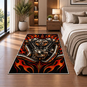 V-Twin Engine Flames Rug in a bedroom beside the bed