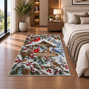 Winter Bird Feeder Rug in a bedroom beside the bed