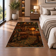 Man Cave Fireplace Rug in a bedroom beside the bed