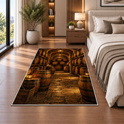 Stacked Barrels Cellar Rug in a bedroom beside the bed