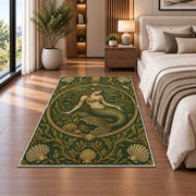 Vintage Engraved Mermaid Rug in a bedroom beside the bed