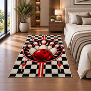 Checkered Bowling Rug in a bedroom beside the bed