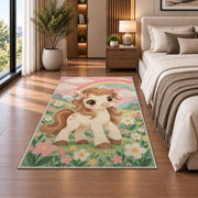 Cute Pony Nursery Rug in a bedroom beside the bed