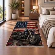 Motorcycle and American Flag Rug in a bedroom beside the bed