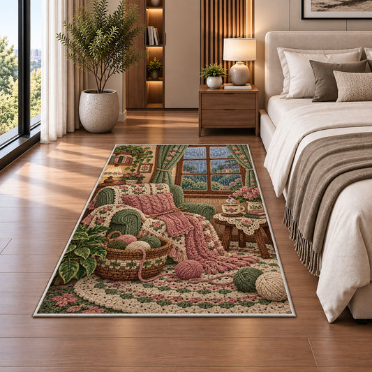 Knitting Nook by the Window Rug in a bedroom beside the bed