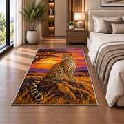 Leopard at Savanna Sunset Rug in a bedroom beside the bed