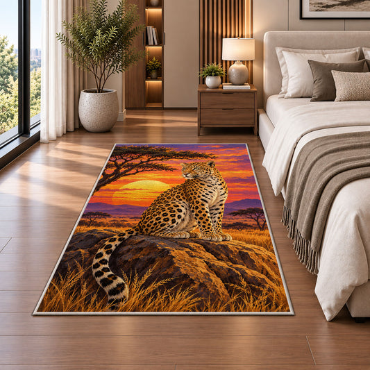 Leopard at Savanna Sunset Rug in a bedroom beside the bed