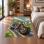 Cute Cartoon Motorcycle Kids Rug in a bedroom beside the bed