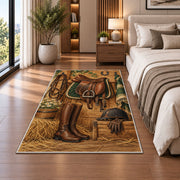 Saddle and Riding Boots Rug in a bedroom beside the bed