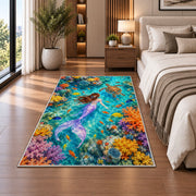 Coral Reef Mermaid Top View Rug in a bedroom beside the bed