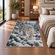 Snow Leopard in Pine Forest Rug in a bedroom beside the bed