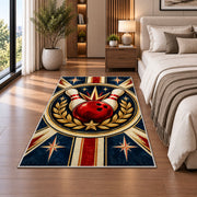 Classic Bowling Crest Rug in a bedroom beside the bed