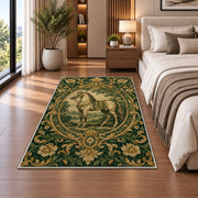 Vintage Engraved Horse Rug in a bedroom beside the bed