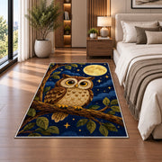 Owl and Full Moon Rug in a bedroom beside the bed