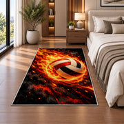 Flaming Volleyball Rug in a bedroom beside the bed