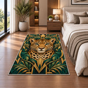 Art Deco Leopard Rug in a bedroom beside the bed