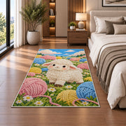 Sheep and Yarn Balls Rug in a bedroom beside the bed