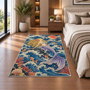Japanese Wave Mermaid Rug in a bedroom beside the bed