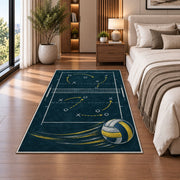 Volleyball Chalkboard Play Rug in a bedroom beside the bed