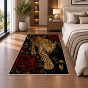 Leopard on Black with Roses Rug in a bedroom beside the bed