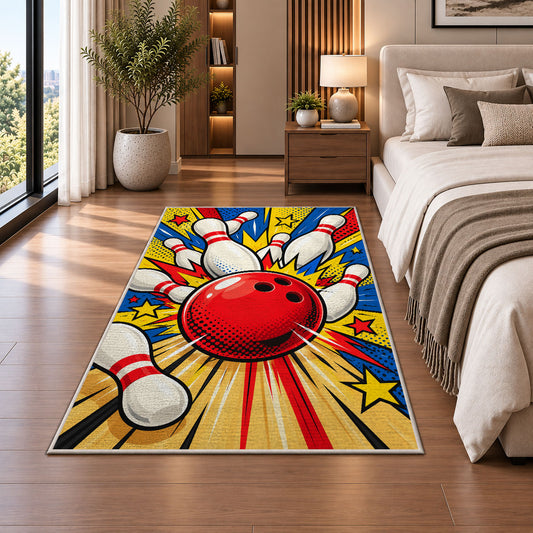 Pop Art Bowling Rug in a bedroom beside the bed