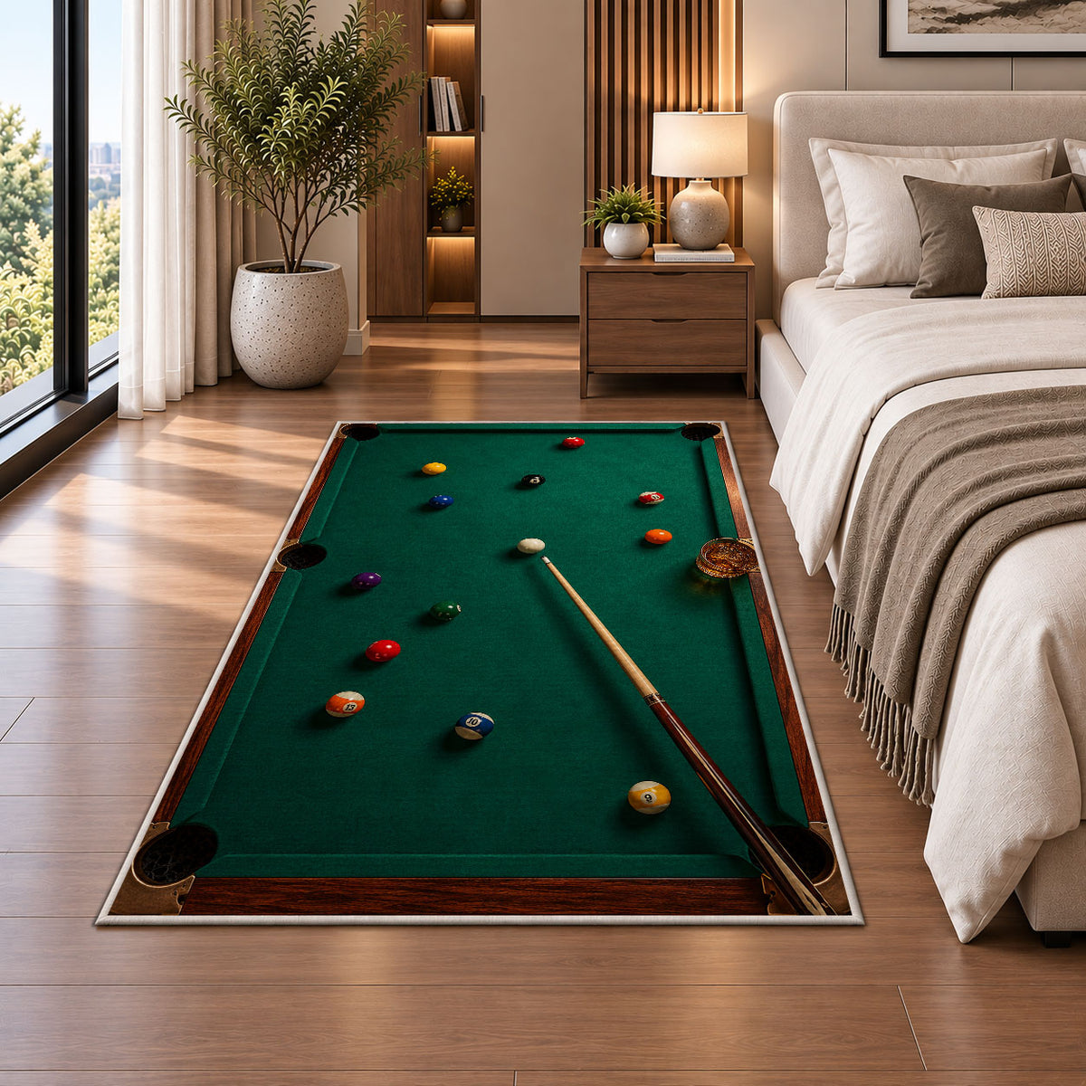 Billiards and Whiskey Rug in a bedroom beside the bed