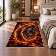 Flaming Motorcycle Wheel Rug in a bedroom beside the bed