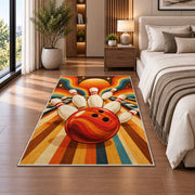 Retro 70s Stripes Bowling Rug in a bedroom beside the bed