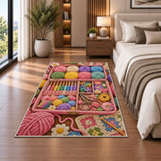 Crochet Supply Box Rug in a bedroom beside the bed
