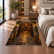 Stone Arch Cellar Rug in a bedroom beside the bed