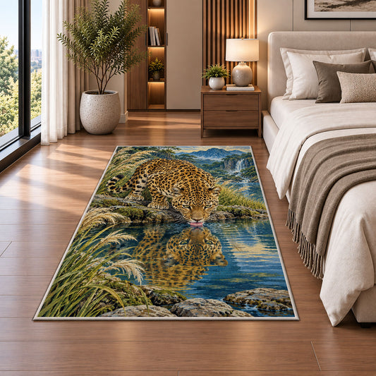 Leopard Drinking at Lake Rug in a bedroom beside the bed