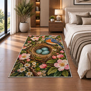 Bird Nest and Blue Eggs Rug in a bedroom beside the bed