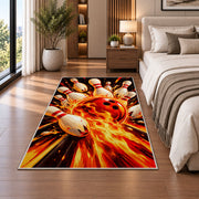 Flaming Bowling Ball Rug in a bedroom beside the bed