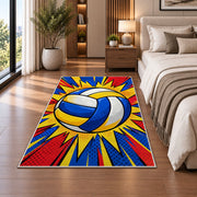 Pop Art Volleyball Rug in a bedroom beside the bed