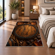 Oak Barrel Head Rug in a bedroom beside the bed