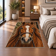 Horse Face Close-Up Rug in a bedroom beside the bed