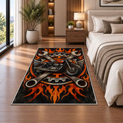 Motorcycle and Crossed Wrenches Rug in a bedroom beside the bed
