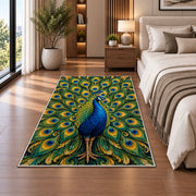 Peacock Feathers Rug in a bedroom beside the bed
