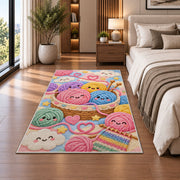 Happy Yarn Balls Nursery Rug in a bedroom beside the bed