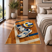 Volleyball Shoes on Court Rug in a bedroom beside the bed