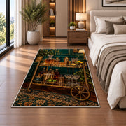 Vintage Bar Cart Rug in a bedroom beside the bed